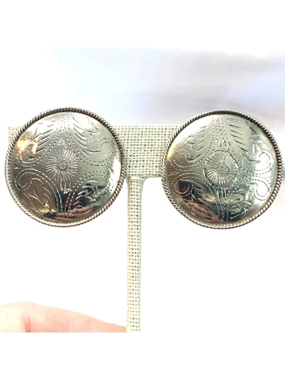 Hand Engraved Scroll Design Sterling Silver 925 Clip-on Circle Earrings 1.25"